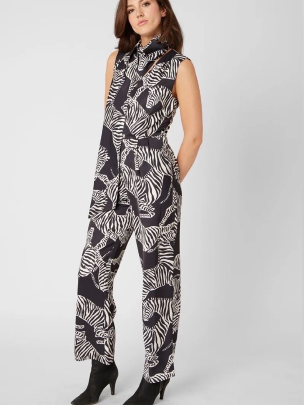 Adrienne Landau Black and White Zebra-Print Sleeveless Jumpsuit